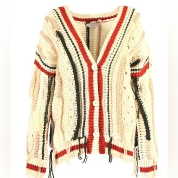 NWT Line & Dot Women’s Cream Multi Color V Neck Cardigan Fringe - Size L - Picture 1 of 5